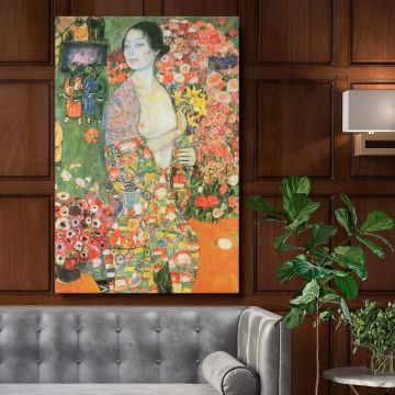 Gustav Klimt's "The Dancer" painting created between 1916-1918 showcases a woman surrounded by vibrant floral patterns and bold colors, representing Art Nouveau elegance and intricate decorative details, perfect for art lovers and Klimt admirers.