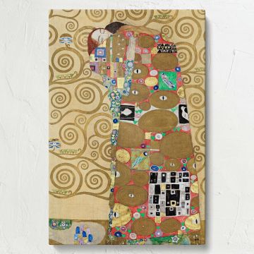 Detailed image of Gustav Klimt's Fulfillment, a romantic Art Nouveau painting featuring a couple encased in a golden embrace with swirling patterns and colorful mosaics, blending sensuality and symbolism in a timeless work of art.