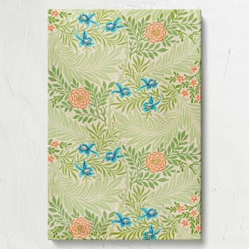 Timeless beauty captured in William Morris's Larkspur floral pattern from 1874, with intricate green foliage and bright blue blooms accented by soft peach details, ideal for vintage wall art or enhancing spaces with Victorian-style charm.