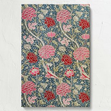 Artistic William Morris Cray design portraying detailed floral and vine patterns in bold shades of pink, red, and green over a navy blue base, ideal for classic home decor or art enthusiasts of Victorian textile art.