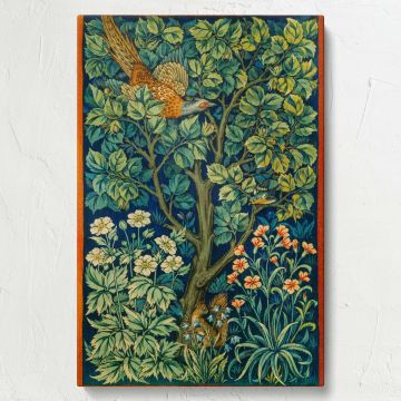 Elegant Cock Pheasant wall art canvas depicting a bird, flowers, and a squirrel among lush greenery, inspired by William Morris and John Henry Dearle, perfect for adding timeless sophistication and charm to home or office spaces.