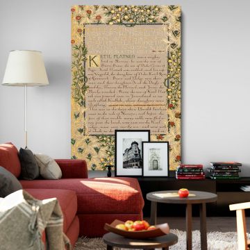 Vintage-style wall art canvas featuring William Morris's The Story of the Dwellers at Eyr text framed by ornate botanical patterns in gold, green, and red, offering a classic and artistic decor piece for sophisticated interiors.