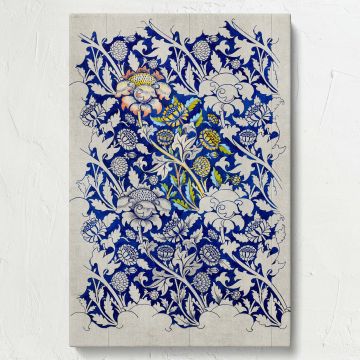 This William Morris floral design titled Wey (1882-1883) showcases a delicate watercolour composition of vibrant blue tones and soft white details, creating an enchanting vintage pattern suited for wall art or fabric printing enthusiasts.