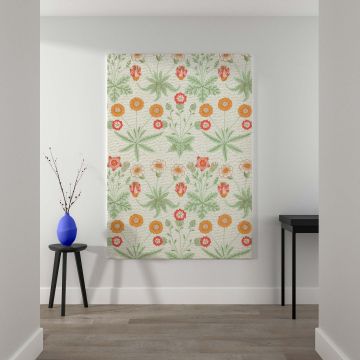 Daisy wall canvas inspired by William Morris's 1862 creation showcasing intricate floral patterns with yellow and red flowers, green leaves, and soft pastel tones ideal for decorating living spaces with vintage charm and a touch of historic artistry.