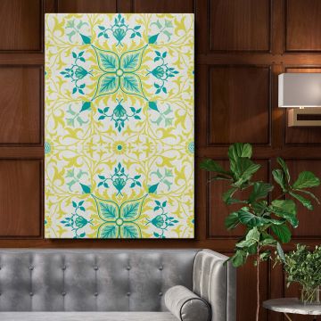 William Morris Vine pattern from 1873 featuring intricate green leaves and teal flowers arranged symmetrically with delicate yellow vines on a light background, a timeless Arts and Crafts Movement floral wallpaper design for interior decor and artistic pr