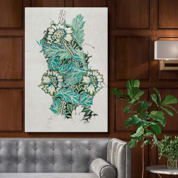 William Morris Anemone 1876 fabric design wall canvas featuring intricate green and white floral patterns inspired by the Arts and Crafts movement, perfect for enhancing home decor with timeless vintage elegance and historic artistic charm.