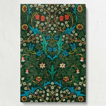Historical William Morris Tulip pattern showcasing ornate floral details with vibrant red tulips, delicate white blossoms, and lush green foliage, designed on a dark green canvas for vintage wall art, decor, or textile design lovers.