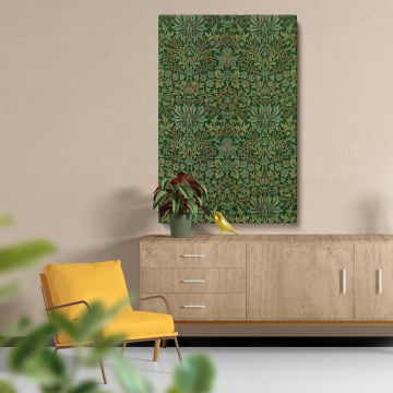 William Morris Flower Garden textile pattern featuring symmetrical floral motifs, delicate vines, and leafy designs on a green background, capturing the essence of Arts and Crafts style for wall art, fabric, or historical-inspired home decor projects.