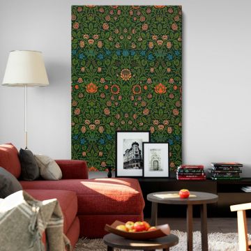 Timeless William Morris Violet and Columbine pattern showcasing botanical floral designs, intricate arrangements of orange and blue flowers, and repeating symmetrical patterns on a green background, perfect for home decor or textile art enthusiasts.