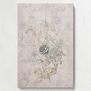 Vintage William Morris Wild Tulip design highlighting an intricate floral composition with yellow tulip blooms, botanical green foliage, and carefully detailed line art, embodying the timeless elegance of the Arts and Crafts Movement for classic home deco