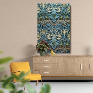 Timeless William Morris Peacock and Dragon design featuring intricate woven details with dragons, peacocks, and botanical patterns in deep blue and gold tones, reflecting historical Arts and Crafts style perfect for classic home decor.