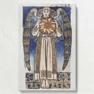 Vintage William Morris Day Angel Holding a Sun artwork depicting a serene angel figure with blue and gold wings, celestial sun symbol, and flowing robes set against a textured blue background ideal for classic home decor enthusiasts.