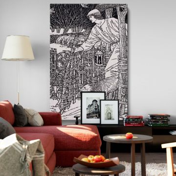 Detailed William Morris The Shepheardes Calender 1896 black and white illustration highlighting a shepherd, grazing sheep, and a wolf set against finely woven fences, showcasing historical literary artwork ideal for vintage-inspired decor themes.