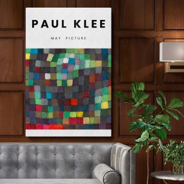 Paul Klee May Picture (1925) abstract painting featuring a vibrant mosaic of colorful squares and rectangles arranged in a geometric pattern with shades of green, blue, red, and gray, reflecting a harmonious balance ideal for modern wall art decor.