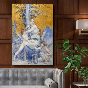 Allegory of Time (1896) by Luc-Olivier Merson featuring a serene woman seated beside a tree with two cherubs holding an hourglass surrounded by a golden mosaic background and cool blue tones symbolizing the passage of time and classical symbolism.