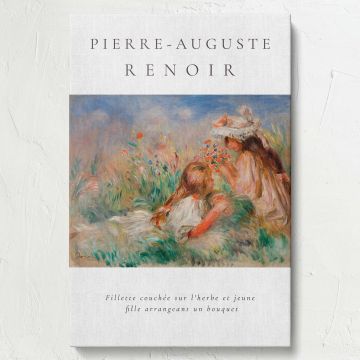 Romantic French painting Girls in the Grass Arranging a Bouquet (1890) by Pierre-Auguste Renoir featuring two girls surrounded by wildflowers and lush greenery, depicted with delicate brushstrokes and vibrant Impressionist colors.