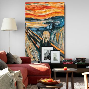 Emotional painting The Scream by Edvard Munch depicting a lone central figure frozen in fear and despair on a bridge under a swirling, turbulent sky painted in bold reds, oranges, and blues representing raw psychological tension.