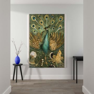 Pauw met Kippen vintage Dutch art print by Theo van Hoytema displaying a regal peacock with vibrant tail feathers surrounded by chickens, painted with meticulous detailing and harmonious color tones reflecting timeless nature-inspired artistry.