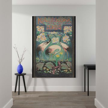 Historic Dutch calendar cover Titelblad voor een kalender voor 1924 by Leo Visser, showcasing graceful cranes surrounded by blooming flowers, botanical foliage, and vibrant colors, embodying early 20th-century Dutch art nouveau design principles.