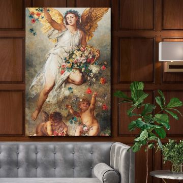 Vintage painting titled Eirene (1888) by Ludwig Knaus, featuring an ethereal angel with golden wings and a basket of vibrant flowers surrounded by playful cherubs, perfect for classic wall canvas art lovers and elegant home d