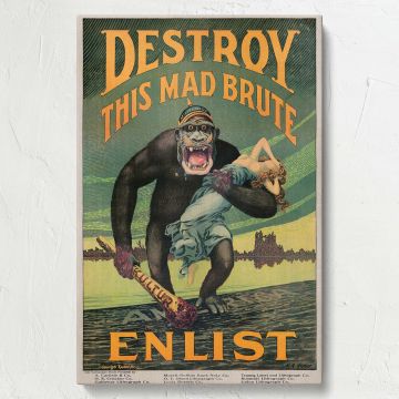 Classic propaganda artwork by Harry Ryle Hopps with a gorilla clutching a woman and holding a club marked Kultur, set against a dramatic war-torn background and bold enlistment text, ideal for vintage art collectors.