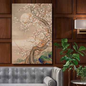 Japanese Plum Blossoms in Moonlight 18th-century artwork by S_ Shizan, featuring a gracefully twisted plum tree with delicate white and pink blossoms illuminated by soft moonlight, painted in traditional ink and color on silk, ideal for elegant wall decor