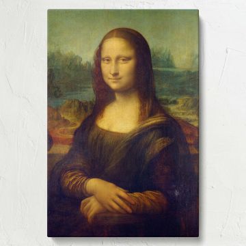 Historical artwork Mona Lisa by Leonardo da Vinci, painted in the early 1500s, depicting a serene woman with a mysterious smile, soft sfumato shading, and a dreamy landscape background, perfect for classic art lovers and historical decor enthusiasts.