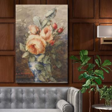 Boeket Rozen in een Vaas by Adrienne Jacqueline s Jacob, a vintage watercolor painting featuring a delicate bouquet of roses in a blue-and-white ornate vase, with soft brushstrokes and muted earth tones, ideal for elegant floral wall art decor.