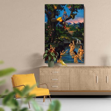 Vintage chromolithograph showcasing Krishna mischievously holding the clothes of gopis bathing in a river, perched on a tree with vibrant robes, detailed jewelry, and surrounded by mountains, greenery, and cascading waterfalls.