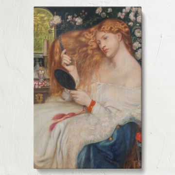 Artistic masterpiece Lady Lilith by Rossetti and Dunn showing a woman with cascading golden hair gazing into a black mirror, combing her hair, surrounded by blooming white roses, candle holders, and soft natural light from an open window.