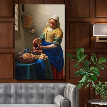 The Milkmaid by Johannes Vermeer, a classic Dutch Golden Age painting, depicts a woman in traditional attire pouring milk from an earthenware jug into a bowl, surrounded by bread, pottery, and natural light streaming through a window, creating a serene ki