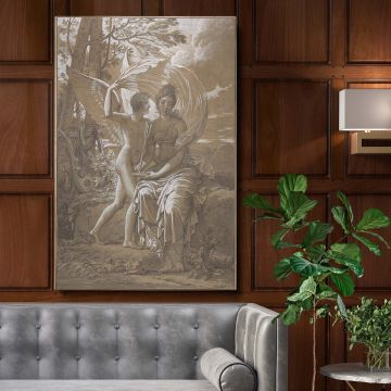 A Reclining Tiger oil painting by Geza Vastagh features a majestic tiger resting calmly with piercing golden eyes, intricate fur patterns, and lifelike textures, set against a dark green background that highlights the animal's regal presence and raw natur