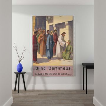 Inspirational painting Blind Bartimeus illustrates Jesus healing Bartimeus, who kneels in faith and devotion, surrounded by curious disciples and observers, with detailed facial expressions and warm lighting emphasizing hope and spiritual redemption.
