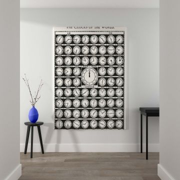 Antique artwork The Clocks of the World from Medicology 1910, featuring a collection of clocks displaying various time zones across cities worldwide, meticulously drawn with classic vintage detailing and a central clock prominently marked 