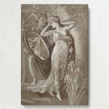 Mythological painting The Mirror of Venus or L'Art et Vie ca 1890 by Walter Crane depicting Venus in a moment of self-reflection with a winged companion holding a mirror surrounded by artistic symbolism and romantic-era detailing in a vintage style.