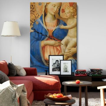 Renaissance art Madonna of Humility by Fra Angelico (1440) features Virgin Mary in a blue robe holding baby Jesus with a lily flower, symbolizing purity and innocence, set against a gold background radiating divine light and maternal tenderness.