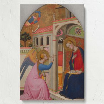 The Annunciation by Tommaso del Mazza depicts the Virgin Mary seated gracefully as the angel Gabriel kneels before her, holding a symbolic lily, surrounded by intricate Gothic architecture, golden detailing, and vibrant colors symbolizing purity and faith
