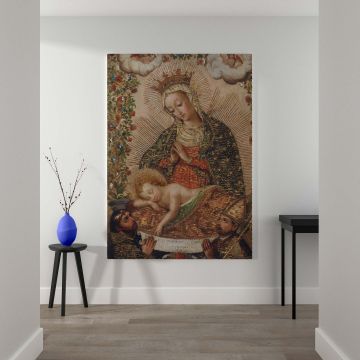 Religious artwork titled The Virgin Adoring the Christ Child with Two Saints captures the Virgin Mary with a serene expression praying over the sleeping Christ Child, accompanied by two kneeling saints, radiant golden halos, and intricate floral designs.