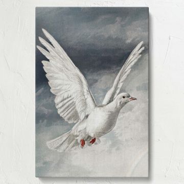 Historical artwork from an 1881 Easter card depicting a majestic white dove flying through a serene cloudy sky with detailed wings and a calm expression, symbolizing spiritual peace, hope, and purity, rendered with precision in an elegant vintage style.