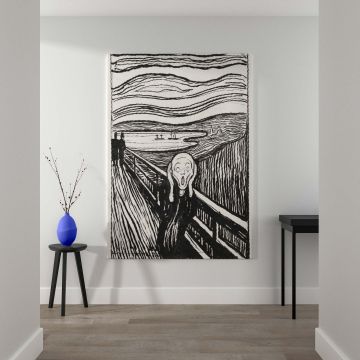 Iconic artwork The Scream 1895 by Edvard Munch showcasing a haunting figure on a bridge with wide eyes and hands on face against swirling sky lines and shadowy figures expressing profound anxiety and inner turmoil in a striking expressionist lithograph.