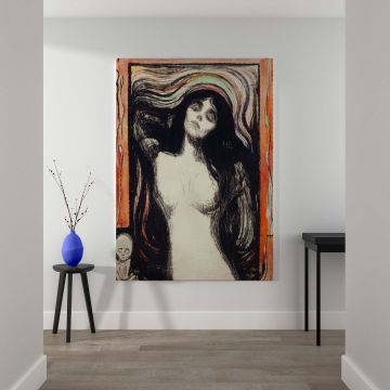 Iconic painting Madonna by Edvard Munch ca 1895-1896 features a mysterious female figure with closed eyes flowing black hair expressive swirling lines and a ghostly child symbolizing deep existential themes of love loss and the fragility of human existenc