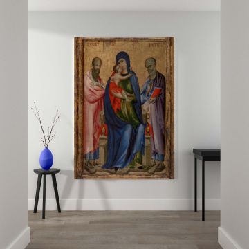 Medieval painting of Virgin Mary cradling baby Jesus, surrounded by Saints Peter and Paul, adorned with vibrant robes and golden halos, symbolizing Christian faith and devotion, meticulously crafted with intricate details and rich spiritual symbolism.