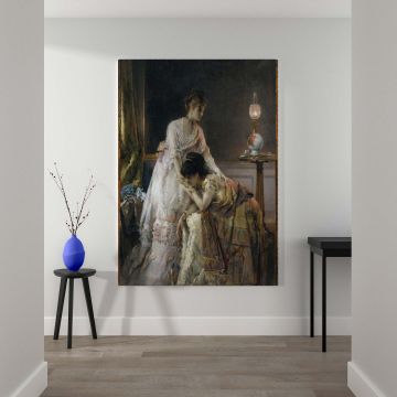 After the Ball by Alfred Stevens depicts two women in a richly decorated Victorian interior one offering solace to the other in a deeply emotional scene showcasing intricate fabric details expressive faces and a warm glow from an antique oil lamp.