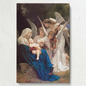 A stunning neoclassical painting titled The Virgin of the Angels by William-Adolphe Bouguereau depicts Virgin Mary holding baby Jesus, surrounded by angels playing musical instruments, embodying divine beauty, serenity, and spiritual love.