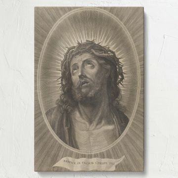 Religious engraving depicting Christ with a crown of thorns, engraved by Adrian van Melar after Guido Reni, featuring an oval frame and radiant halo, symbolizing devotion, suffering, and divine grace through masterful artistic craftsmanship.