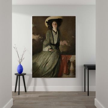 Classic vintage portrait painting of Mrs. John White Alexander by John White Alexander, showcasing refined beauty in a green gown, wide hat, and soft light illuminating her serene face with a background blending earthy hues and gentle brushwork.