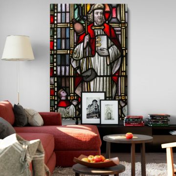 Vibrant stained glass church window portraying a saint in red and white robes holding a staff and sacred book, surrounded by radiant Gothic-inspired patterns, intricate geometric designs, and rich stained glass hues symbolizing spiritual devotion.