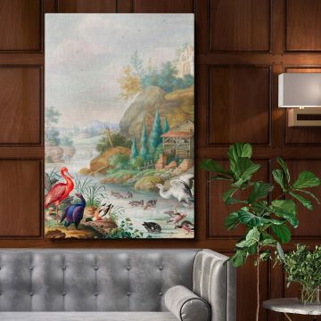 Vintage painting depicting colorful birds, including flamingos and herons, by a peaceful mountain stream with a rustic wooden watermill, lush greenery, distant ruins, and a soft sky filled with birds, created by Herman Henstenburgh in a classic style.