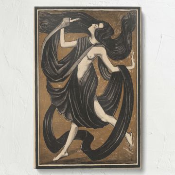Elegant female dancer in flowing black drapery captured mid-motion in Danseres met draperie