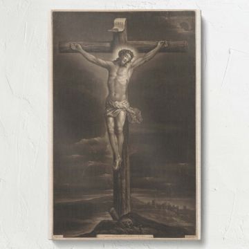 Classic religious painting Christus aan het kruis (1771) by Richard Brookshaw and Anthony van Dyck portraying Christ crucified on a wooden cross with a solemn expression, surrounded by dramatic clouds and divine light symbolizing redemption.